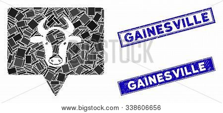 Mosaic Cow Banner Icon And Rectangular Gainesville Rubber Prints. Flat Vector Cow Banner Mosaic Icon