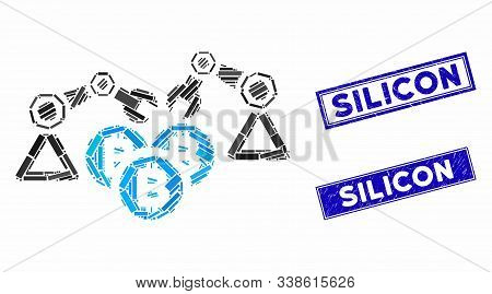 Mosaic Bitcoin Mining Robotics Pictogram And Rectangular Silicon Seal Stamps. Flat Vector Bitcoin Mi