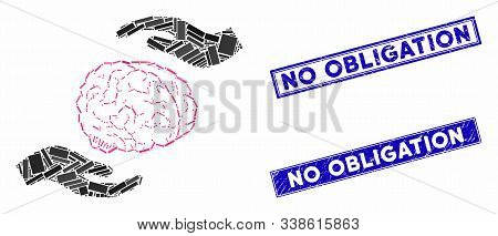Mosaic Brain Care Hands Icon And Rectangular No Obligation Seal Stamps. Flat Vector Brain Care Hands