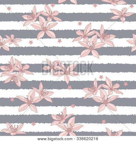 Vector Pink Flower Grey Striped Background Seamless Pattern Print