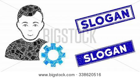 Mosaic User Options Gear Icon And Rectangle Slogan Stamps. Flat Vector User Options Gear Mosaic Icon
