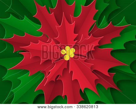 Background With A Big Red Flower In The Center. Christmas Poster In Paper Art Style. Poinsetia With 