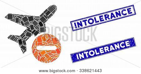 Mosaic Airplane Restricted Icon And Rectangle Intolerance Stamps. Flat Vector Airplane Restricted Mo
