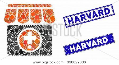 Mosaic Drugstore Pictogram And Rectangle Harvard Seal Stamps. Flat Vector Drugstore Mosaic Icon Of R