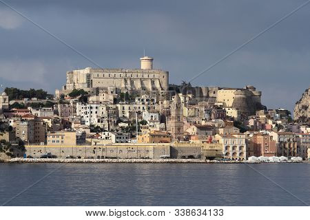 Gaeta, Italy - August 20, 2017: Panoramic View Of The City Of Gaeta From The Sea