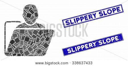 Mosaic User Folder Pictogram And Rectangular Slippery Slope Seal Stamps. Flat Vector User Folder Mos
