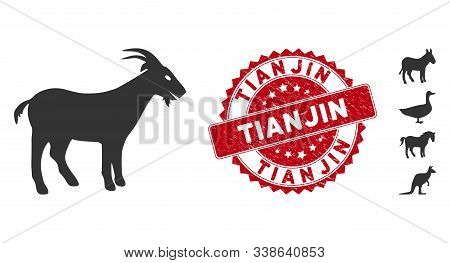 Vector Goat Icon And Grunge Round Stamp Seal With Tianjin Caption. Flat Goat Icon Is Isolated On A W