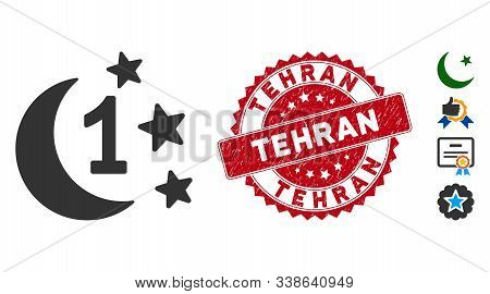 Vector First Moon Night Icon And Grunge Round Stamp Seal With Tehran Text. Flat First Moon Night Ico