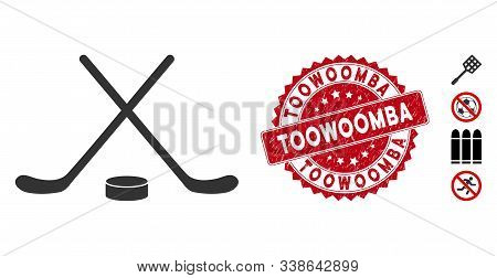 Vector Hockey Icon And Grunge Round Stamp Seal With Toowoomba Phrase. Flat Hockey Icon Is Isolated O