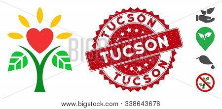 Vector Life Icon And Distressed Round Stamp Seal With Tucson Text. Flat Life Icon Is Isolated On A W