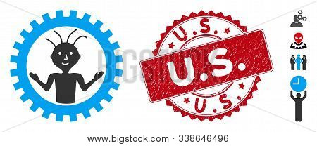 Vector Mad Engineer Icon And Corroded Round Stamp Seal With U.s. Text. Flat Mad Engineer Icon Is Iso
