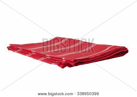 Red And White Striped Napkin Isolated On White Background. Kittchen Accessories.