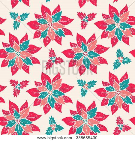 Vector Vintage Seamless Patttern With Red Poinsettia. Retro Seamless Christmas Patttern With Red Flo