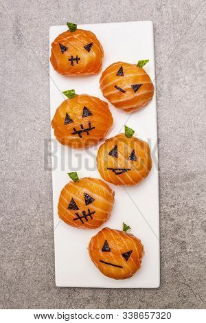 Funny Halloween Sushi Pumpkins Jack O Lantern, Sushi Monsters. Temari Sushi, Sushi Balls. Healthy Fo