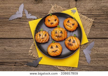 Funny Halloween Sushi Pumpkins Jack O Lantern, Sushi Monsters. Temari Sushi, Sushi Balls. Healthy Fo