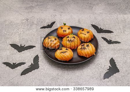 Funny Halloween Sushi Pumpkins Jack O Lantern, Sushi Monsters. Temari Sushi, Sushi Balls. Healthy Fo