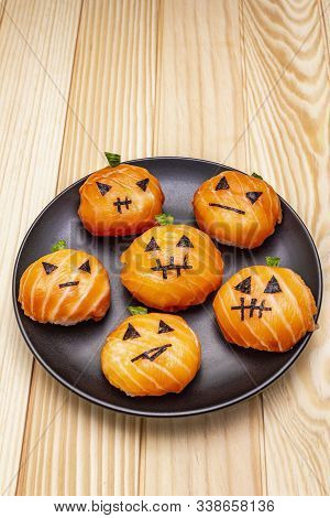 Funny Halloween Sushi Pumpkins Jack O Lantern, Sushi Monsters. Temari Sushi, Sushi Balls. Healthy Fo