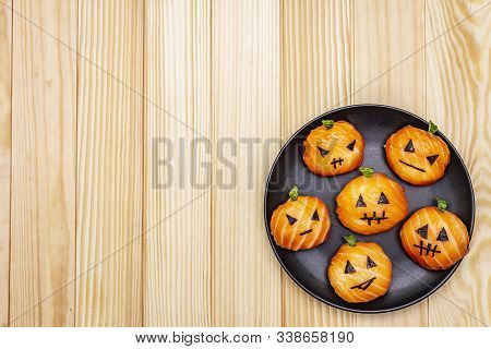 Funny Halloween Sushi Pumpkins Jack O Lantern, Sushi Monsters. Temari Sushi, Sushi Balls. Healthy Fo