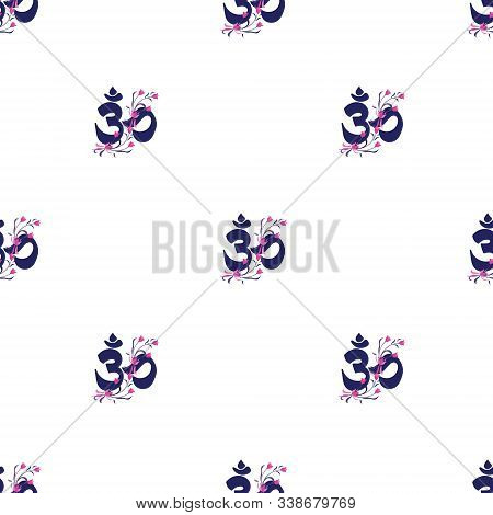 Seamless Flat Background. Buddhist Symbol Ohm Vector On Black Background