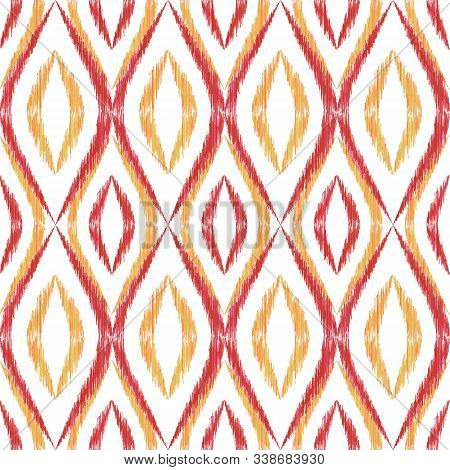 Ikat Ogee Seamless Vector Pattern Illustration. Ethnic Fabric Print Geometric Ikat Pattern. Wavy Oge