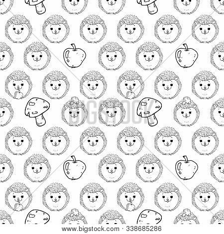 Hedgehogs Seamless Pattern. Vector Illustration Of Background Made Of Hedgehogs And Apples Seamless 