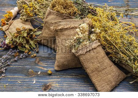 Herbal Harvest Collection And Bouquets Of Wild Herbs. Alternative Medicine. Natural Pharmacy, Self-c