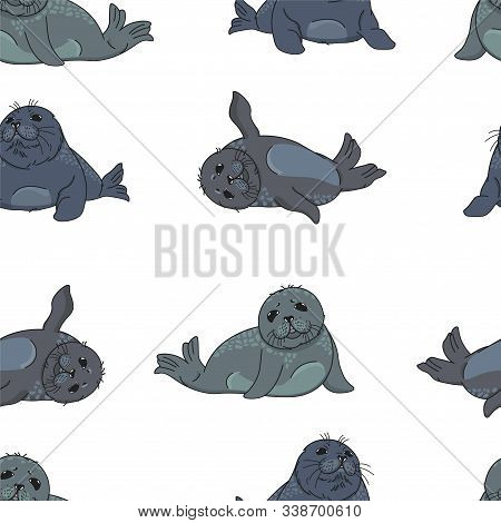 Cute Ringed Seals, Nerpas, Cartoon Drawing Adorable Animals On White Background Seamless Pattern,  E
