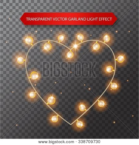 Lights Bulbs Isolated On Transparent Background. Glowing Golden Valentines Day Heart Garlands String