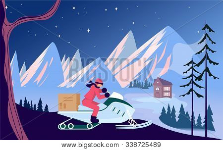 Courier Character By Snowmobile. Delivery Service Working In Inaccessible Mountainous Terrain Concep
