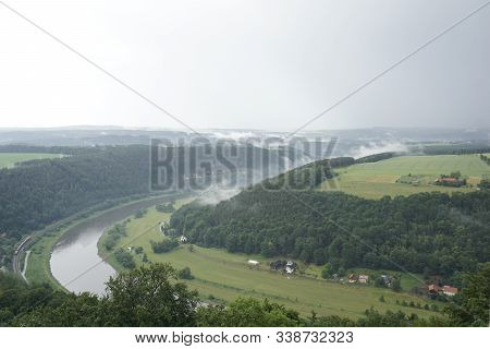 View Over The Elbe River From Koenigstein Fortress On A Foggy Day