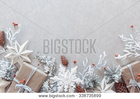 Borders Made Out Of Snow Covered Christmas Tree Branches, Eucaly[tus Leaves, White Christmas Ornamen