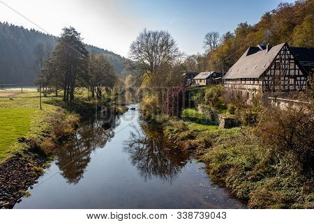 Romantic Autumn Landscape With River Elster With Beautifully Renovated Old Farm Near The Place Neumü