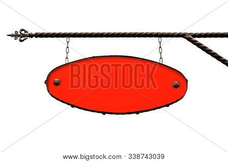 Red Signboard. Red Shopboard With No Text Hanging On A Wrought Iron Structure. Mockup Isolated On Wh
