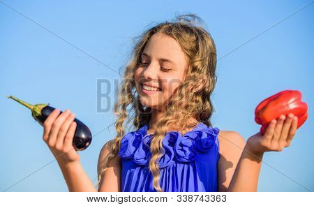 Kid Gathering Vegetables Sky Background. Healthy Homegrown Food Concept. Eat Healthy. Summer Harvest
