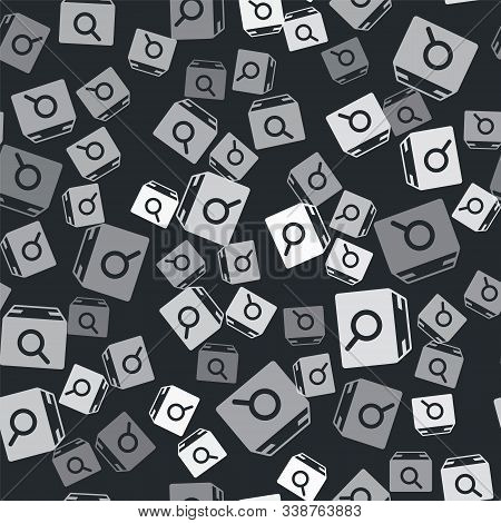 Grey Search Package Icon Isolated Seamless Pattern On Black Background. Parcel Tracking Symbol. Magn