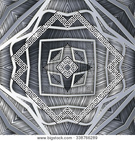 Textred Grunge Geometric 3d Greek Vector Seamless Pattern. Tapestry Ornamental Tribal Ethnic Backgro