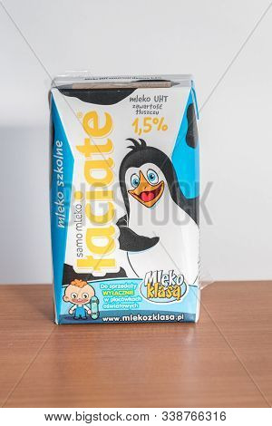 Pruszcz Gdanski, Poland - October 28, 2019: Milk Laciate mleko z klasa for schools.