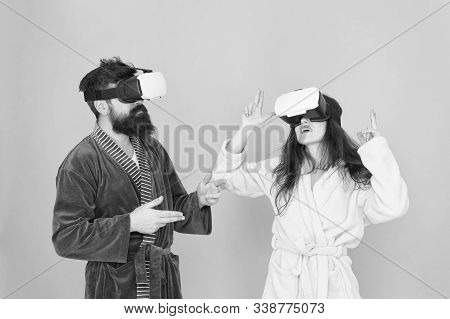 Family Couple Wear Vr Glasses. Girl And Man Hipster Relax In Bathrobe. Morning Start With Future Tec