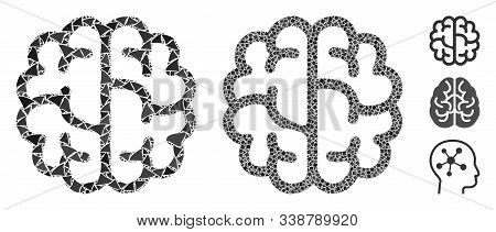 Brain Icon Mosaic Of Unequal Items In Variable Sizes And Color Hues, Based On Brain Icon. Vector Une