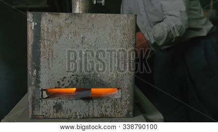 Forge Workshop. Smithy Manual Production. Gas Furnace For Heating Metal. Modern Melting Stove For Ir