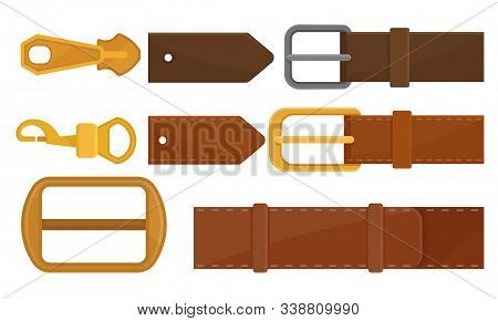 Leather Belts With Metal Buckles And Steel Trinkes Collection, Garments Fashion Accessories Vector I