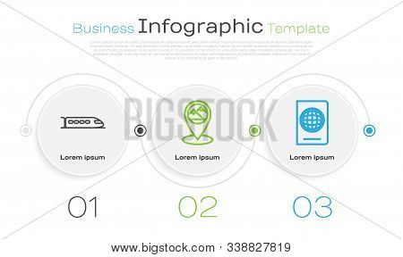 Set Line Train, Map Pointer With Mountain And Passport With Biometric Data. Business Infographic Tem