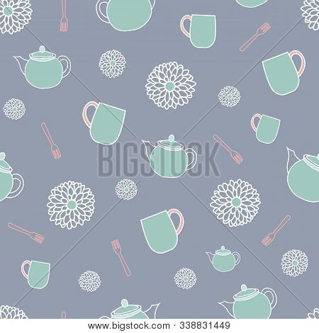 Vector Repeat Pattern With Green Teapots On Grey Background. One Of 