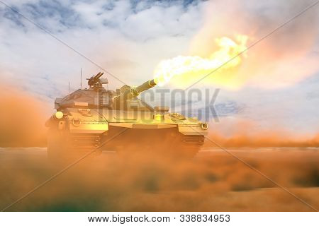 Military 3d Illustration Of Heavy Tank With Fictive Design In Fight Shoots In Desert, Detailed Heroi