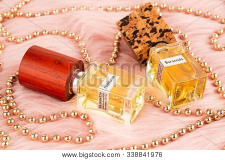 Limassol, Cyprus - August 1, 2019 - Two Bottles Of Nasomatto Perfume Nudiflorum And  Baraonda With B