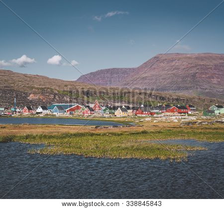 View Over Colourful Greenland Houses Of Disko Island, Arctic City Of Qeqertarsuaq. Located In The Di