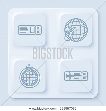 Set Line Travel Ticket, Globe With Flying Plane, Globe With Flying Plane And Airline Ticket. White S