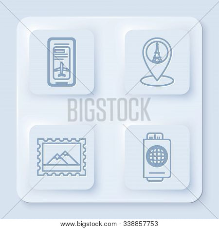 Set Line Smartphone With Electronic Boarding Pass Airline Ticket, Map Pointer With Eiffel Tower, Pos