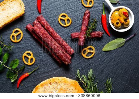 Food Party Background 3bâton à Croquer French Dried Beefs Stick, Olive, Prezels And Homemade Bread O
