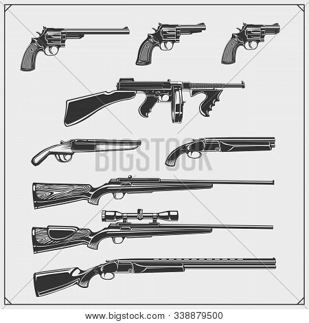 Collection Of Guns. Revolvers, Hunting Rifles, Machine Guns, Shotguns. Vector Monochrome Illustratio